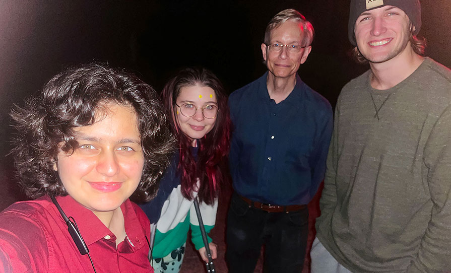 Anushka Sharad ’27 (from left), Julia Walsh ’26, Professor Bob Harmon, and Mack Fincham ’26